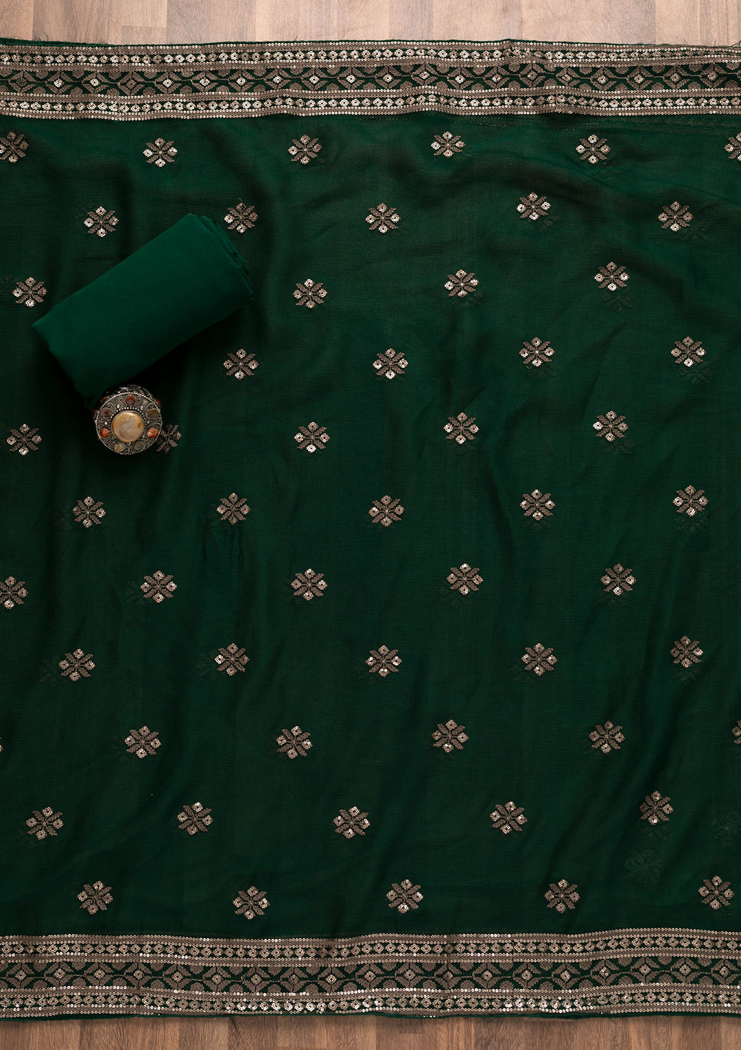 Bottle Green Threadwork Georgette Unstitched Salwar Suit-Koskii