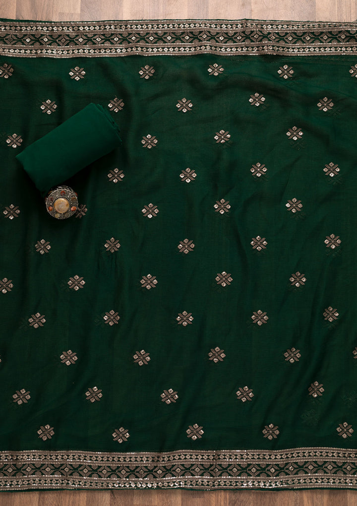 Bottle Green Threadwork Georgette Unstitched Salwar Suit-Koskii