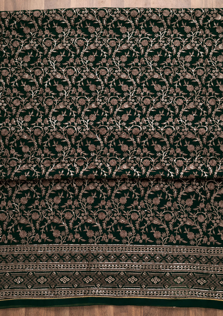 Bottle Green Threadwork Georgette Unstitched Salwar Suit-Koskii