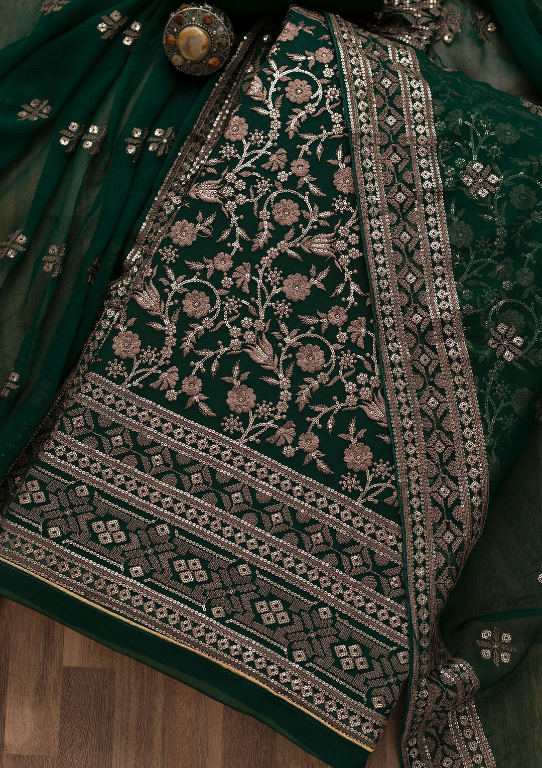 Bottle Green Threadwork Georgette Unstitched Salwar Suit-Koskii