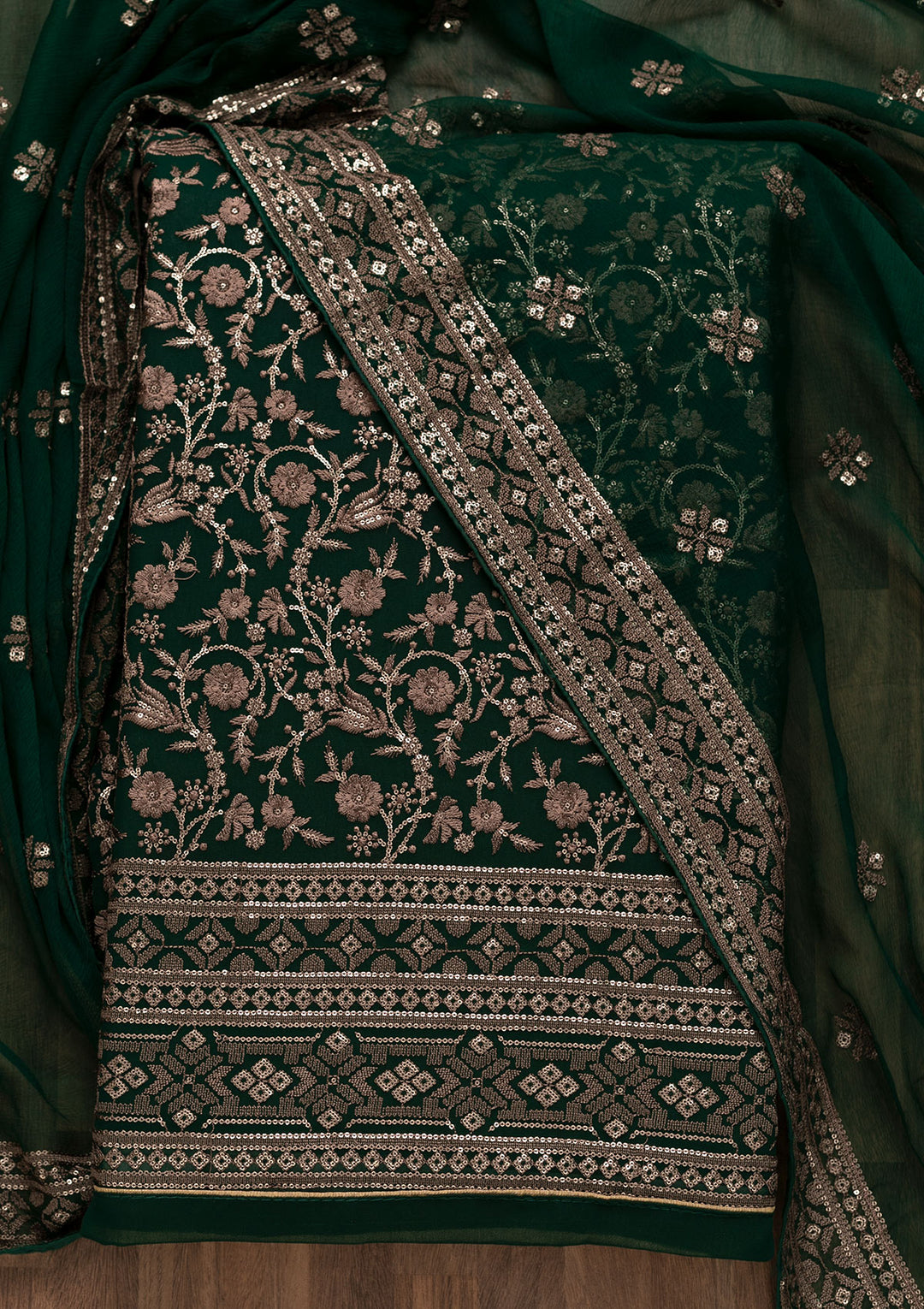 Bottle Green Threadwork Georgette Unstitched Salwar Suit-Koskii