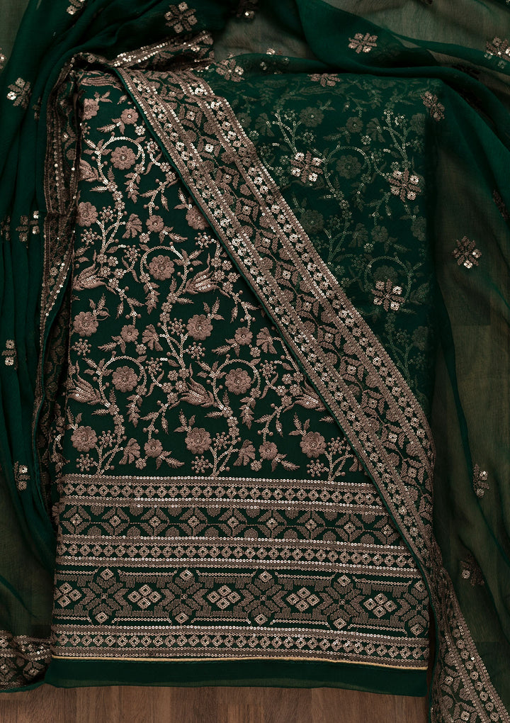 Bottle Green Threadwork Georgette Unstitched Salwar Suit-Koskii