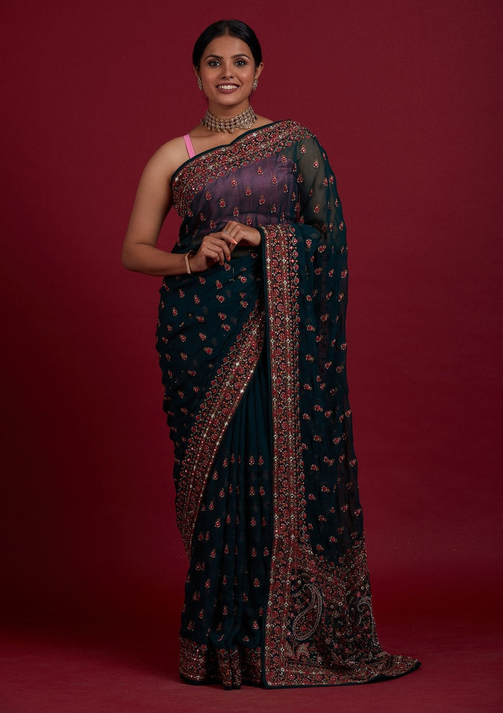 Bottle Green Threadwork Georgette Designer Saree - Koskii