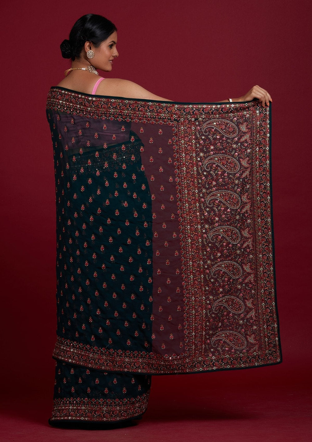 Bottle Green Threadwork Georgette Designer Saree - Koskii