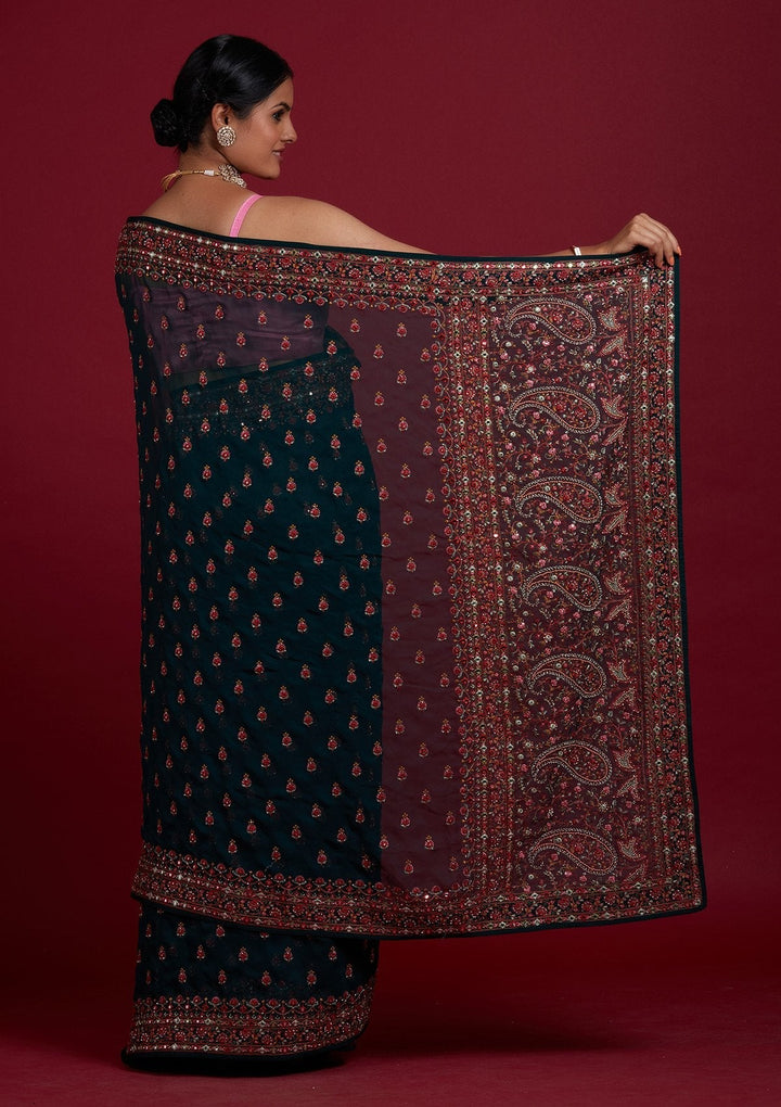 Bottle Green Threadwork Georgette Designer Saree - Koskii