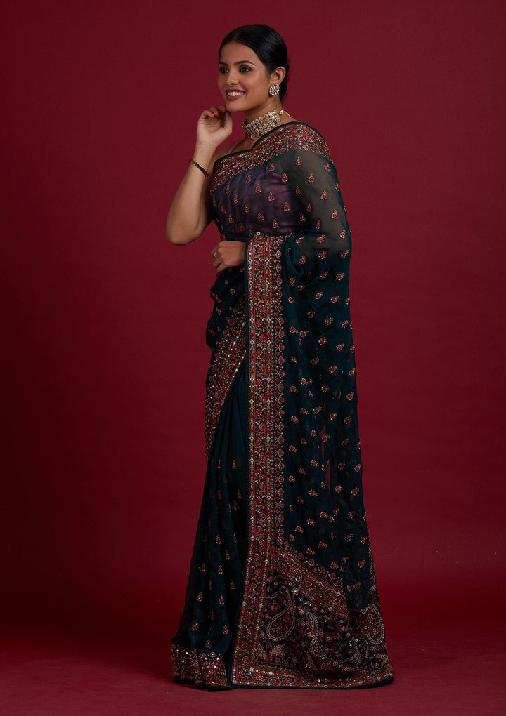 Bottle Green Threadwork Georgette Designer Saree - Koskii