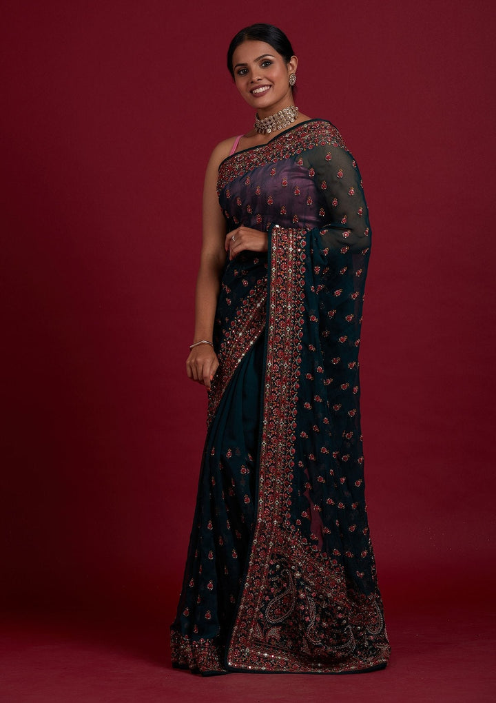 Bottle Green Threadwork Georgette Designer Saree - Koskii