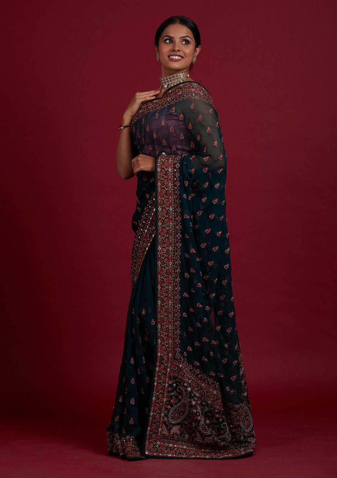 Bottle Green Threadwork Georgette Designer Saree - Koskii