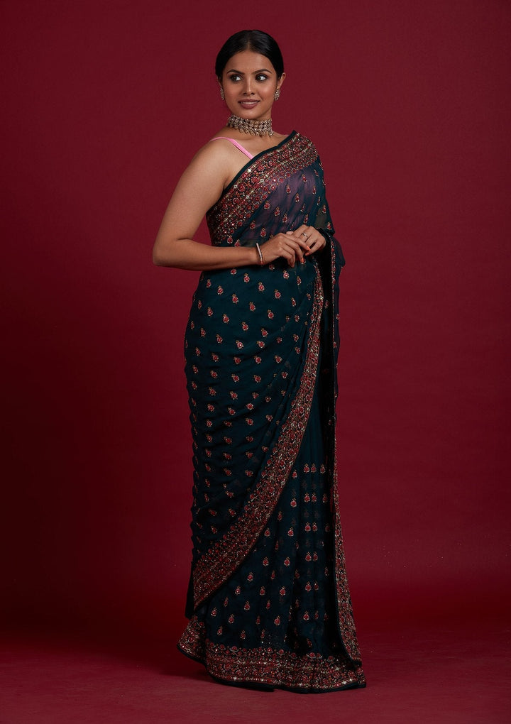 Bottle Green Threadwork Georgette Designer Saree - Koskii