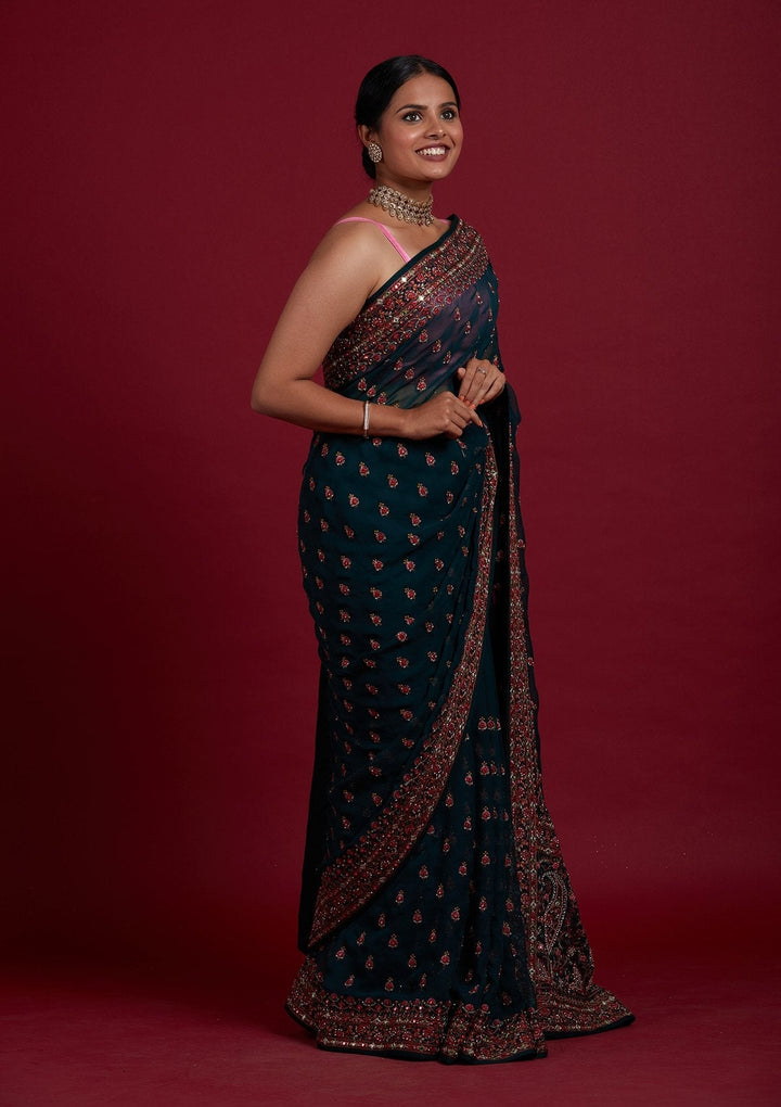 Bottle Green Threadwork Georgette Designer Saree - Koskii