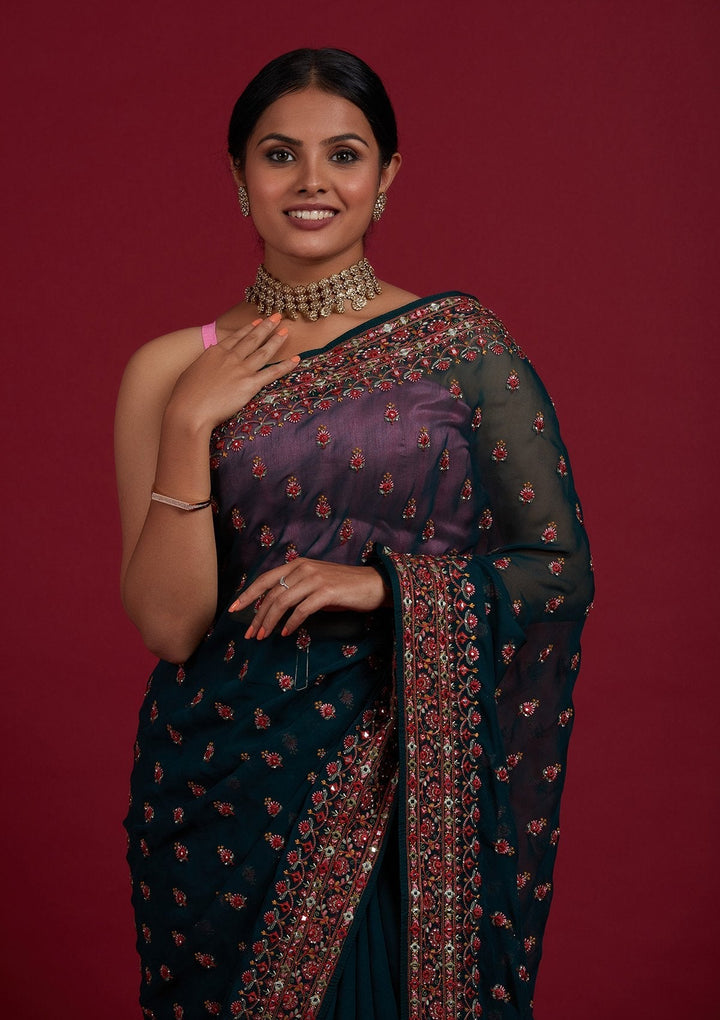 Bottle Green Threadwork Georgette Designer Saree - Koskii