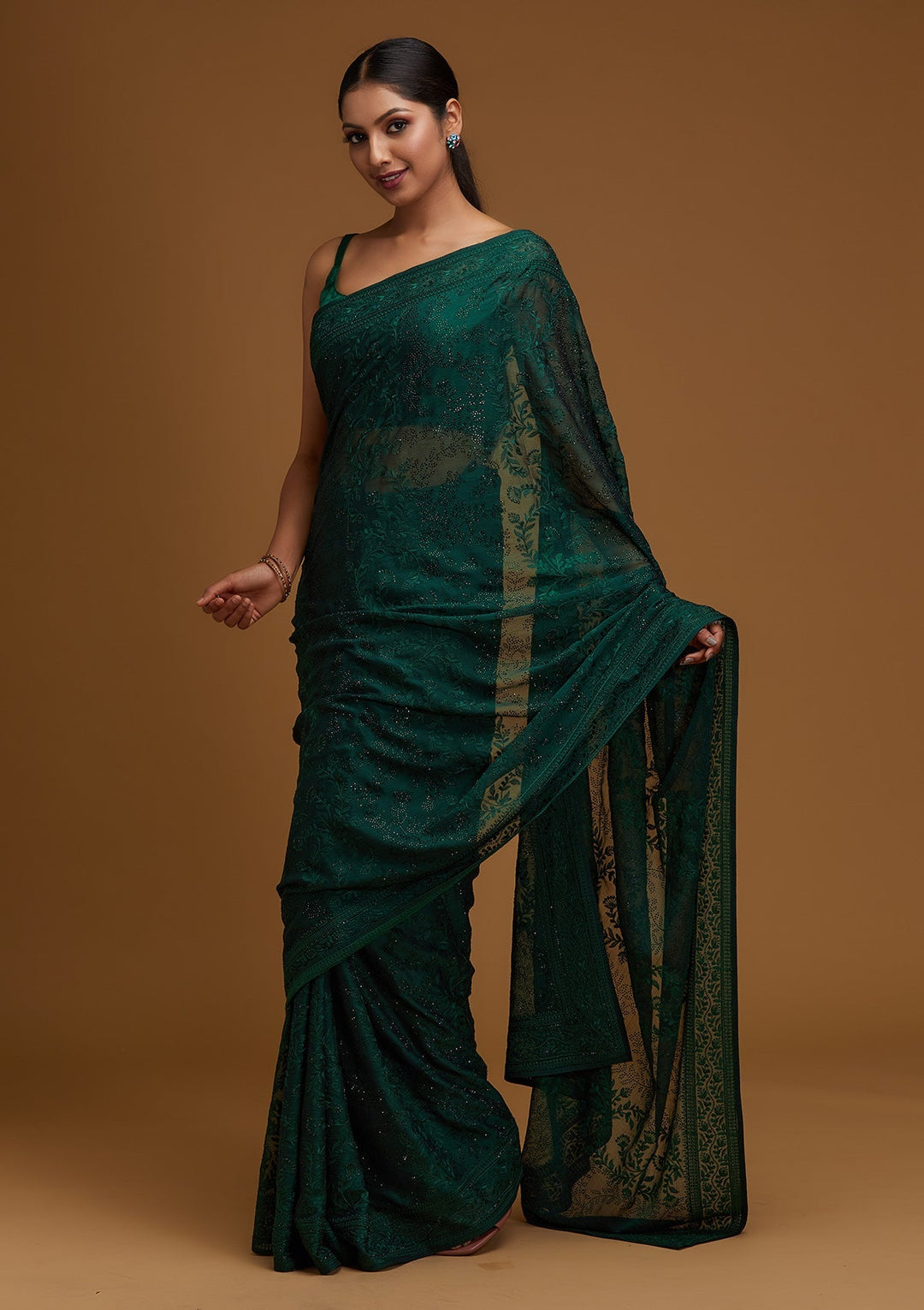 Bottle Green Threadwork Georgette Designer Saree - Koskii