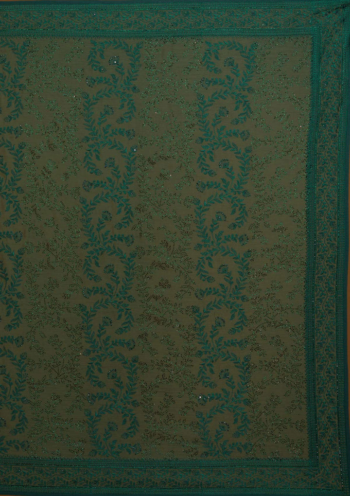 Bottle Green Threadwork Georgette Designer Saree - Koskii