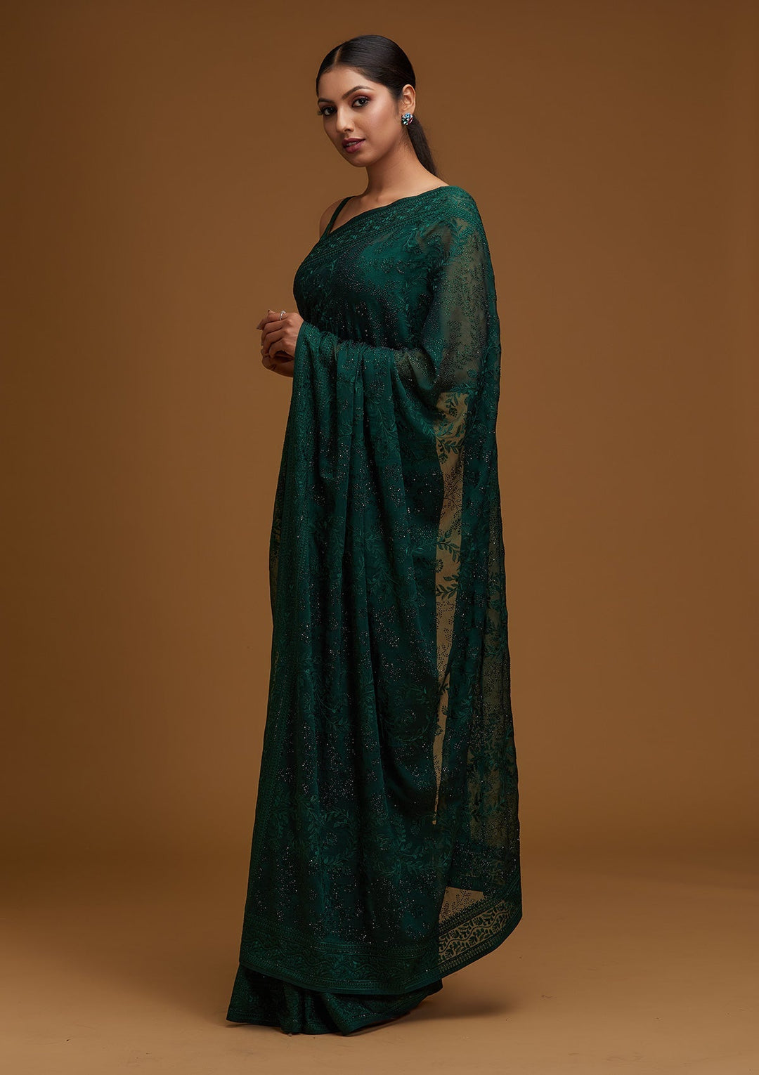 Bottle Green Threadwork Georgette Designer Saree - Koskii