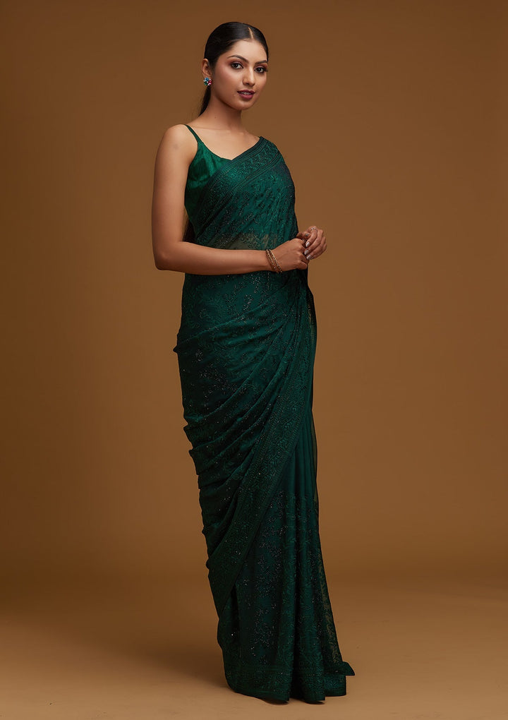Bottle Green Threadwork Georgette Designer Saree - Koskii