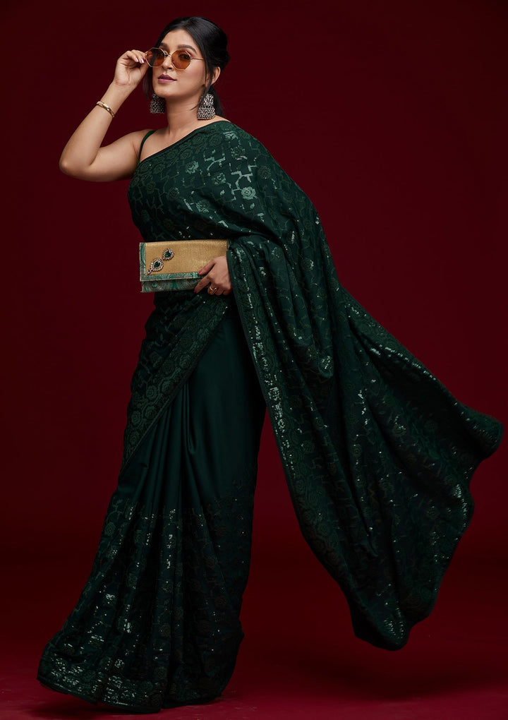 Bottle Green Threadwork Georgette Saree- Koskii