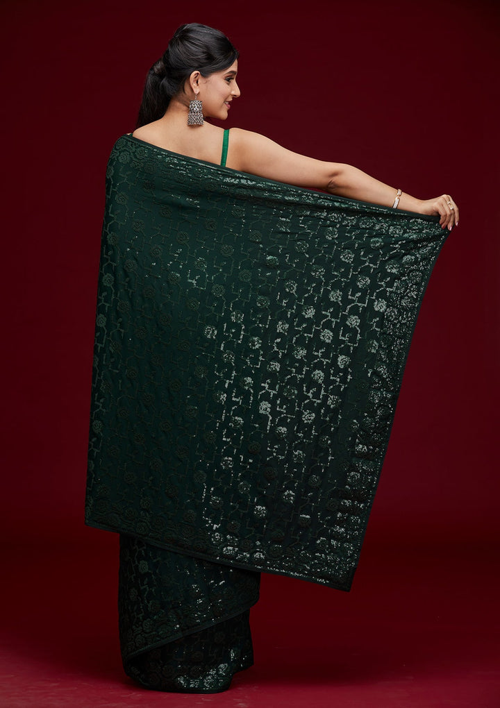 Bottle Green Threadwork Georgette Saree - Koskii