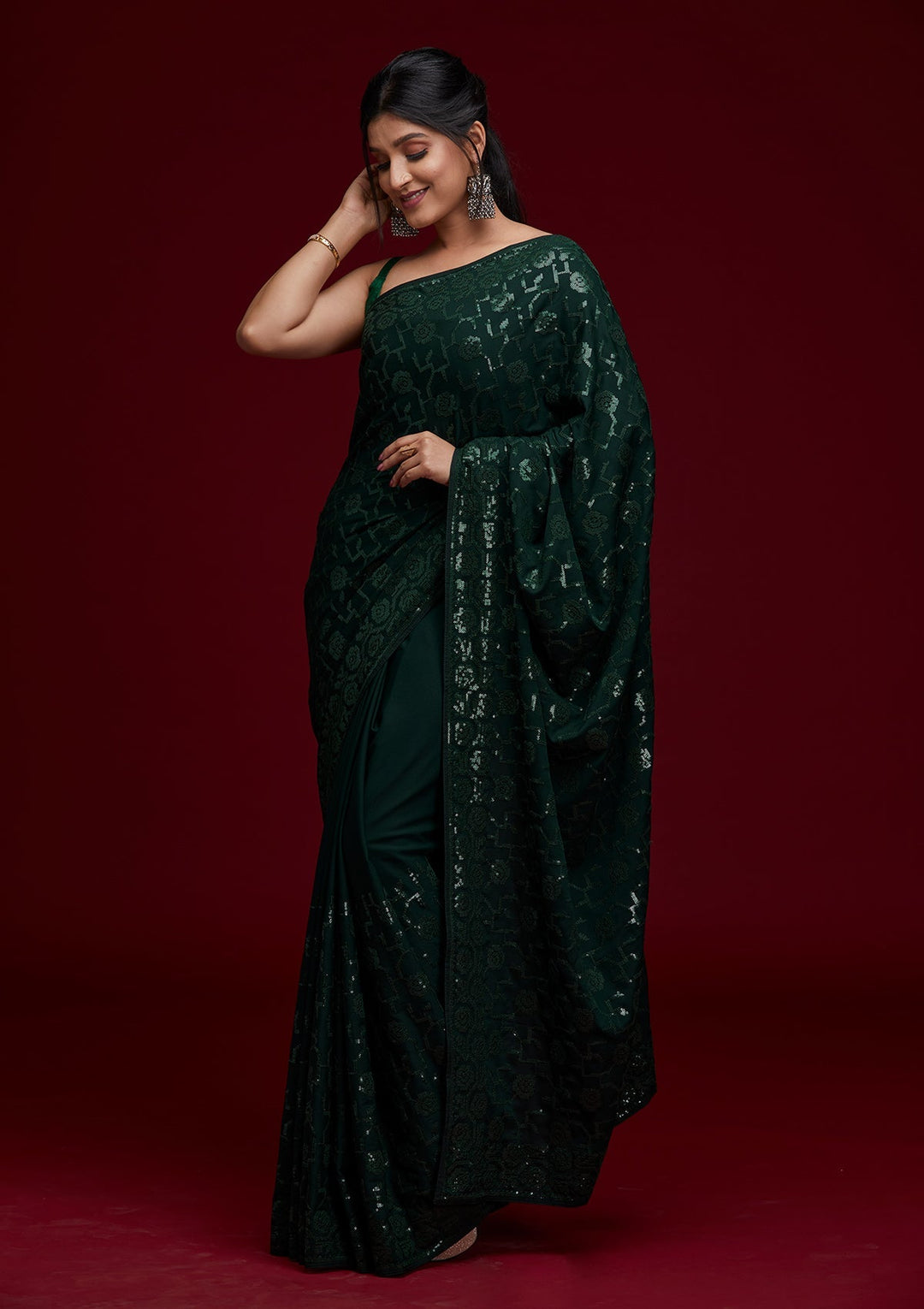 Bottle Green Threadwork Georgette Saree - Koskii