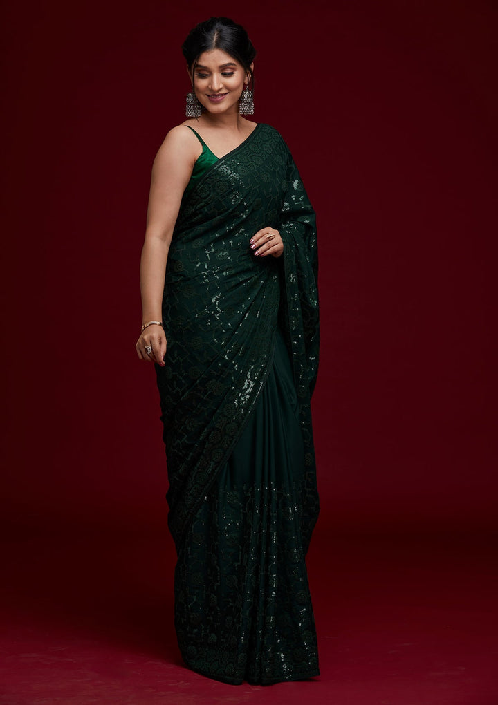 Bottle Green Threadwork Georgette Saree - Koskii