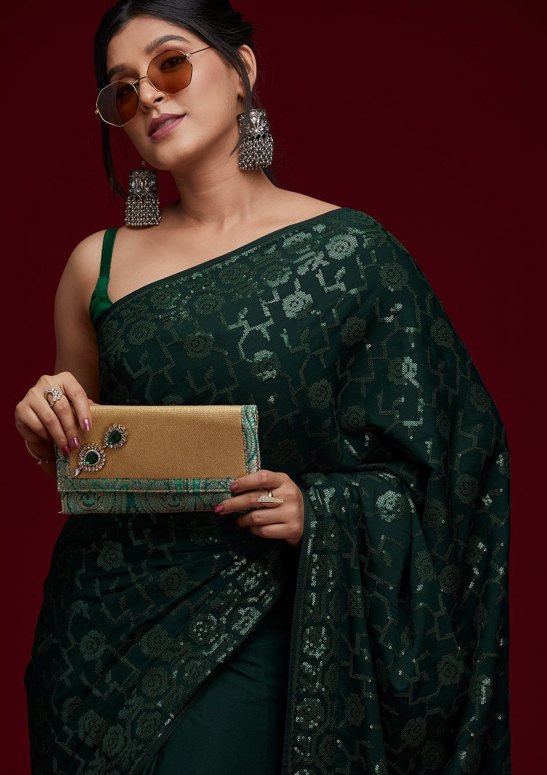 Bottle Green Threadwork Georgette Saree - Koskii