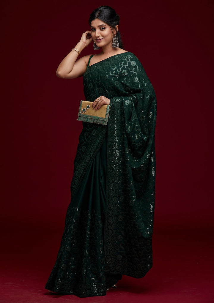 Bottle Green Threadwork Georgette Saree - Koskii