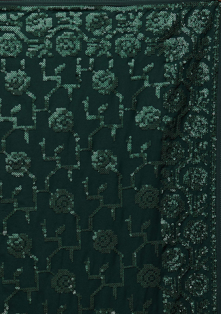 Bottle Green Threadwork Georgette Saree - Koskii