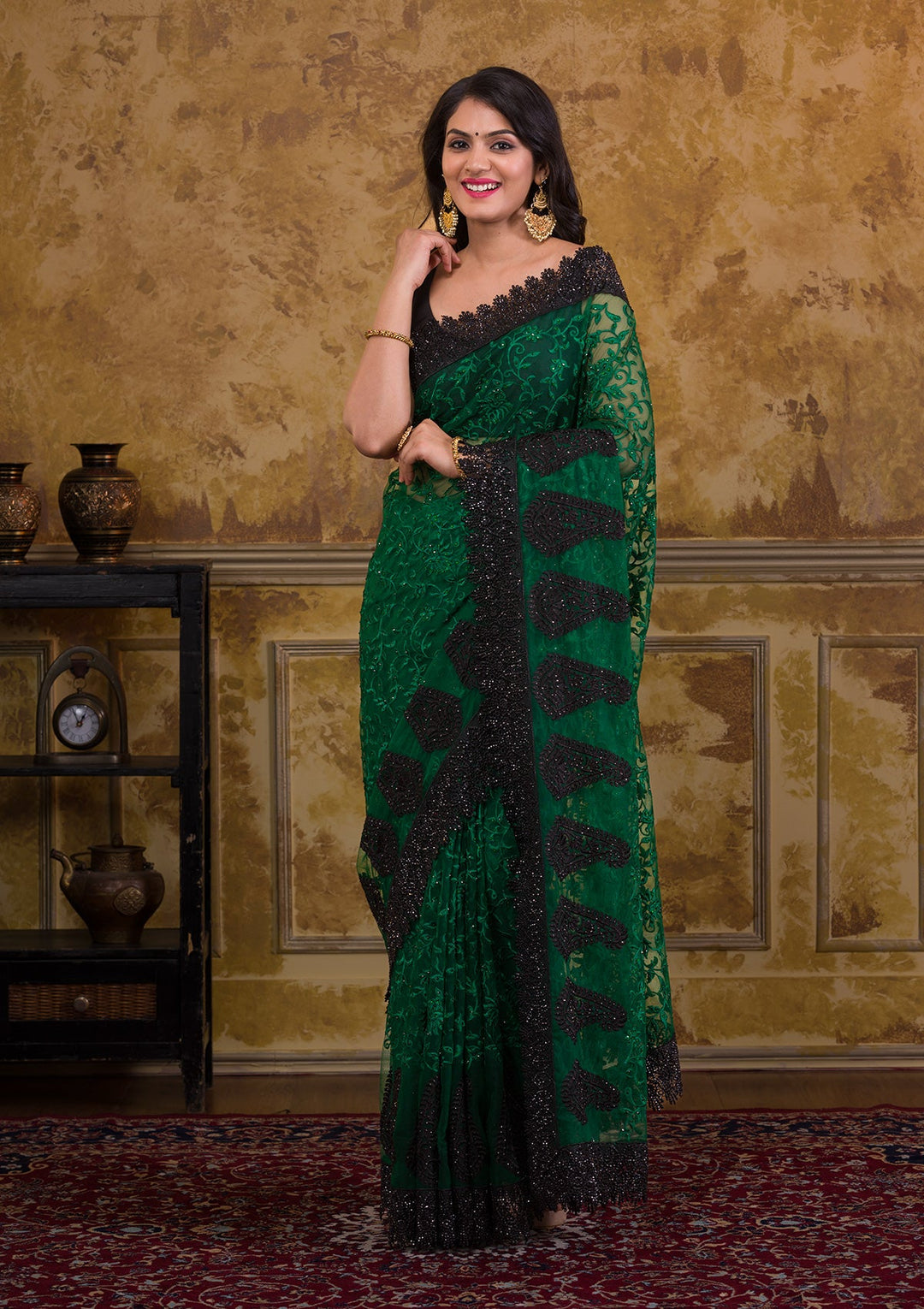 Bottle Green Threadwork Georgette Saree-Koskii