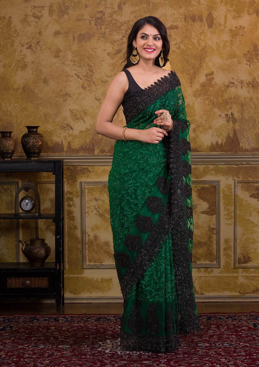 Bottle Green Threadwork Georgette Saree-Koskii