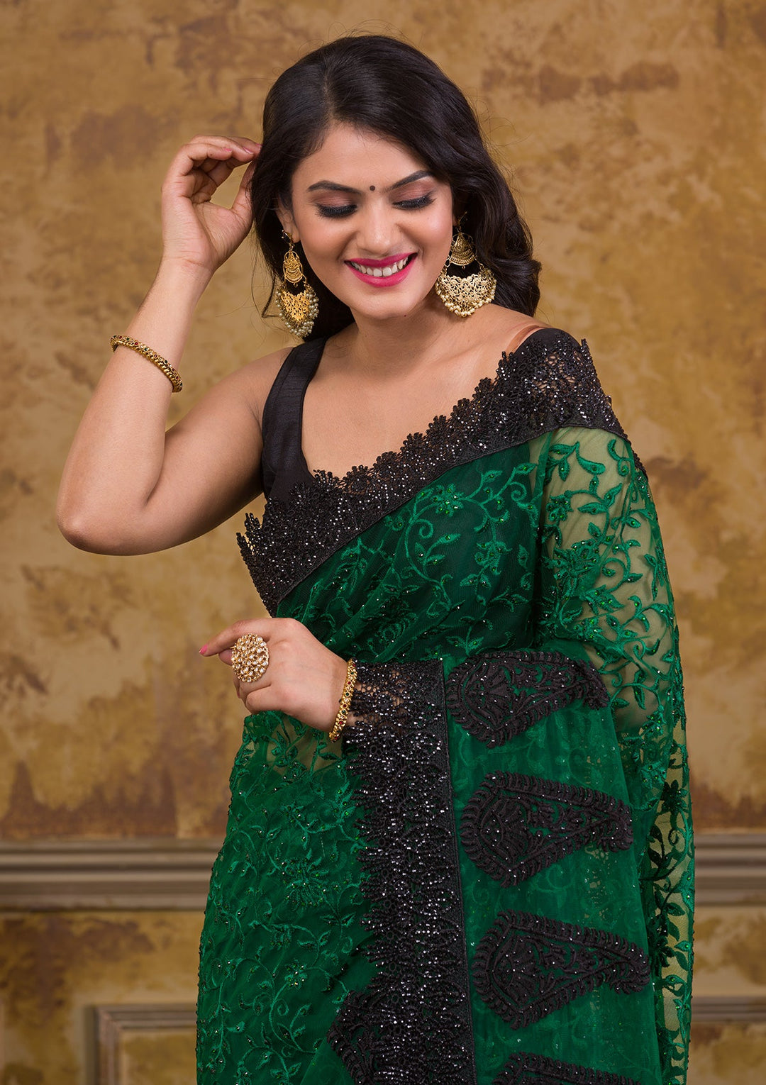 Bottle Green Threadwork Georgette Saree-Koskii