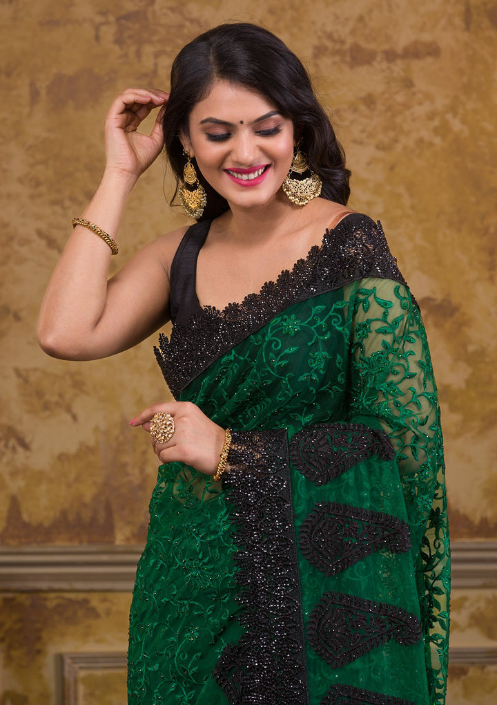 Bottle Green Threadwork Georgette Saree-Koskii