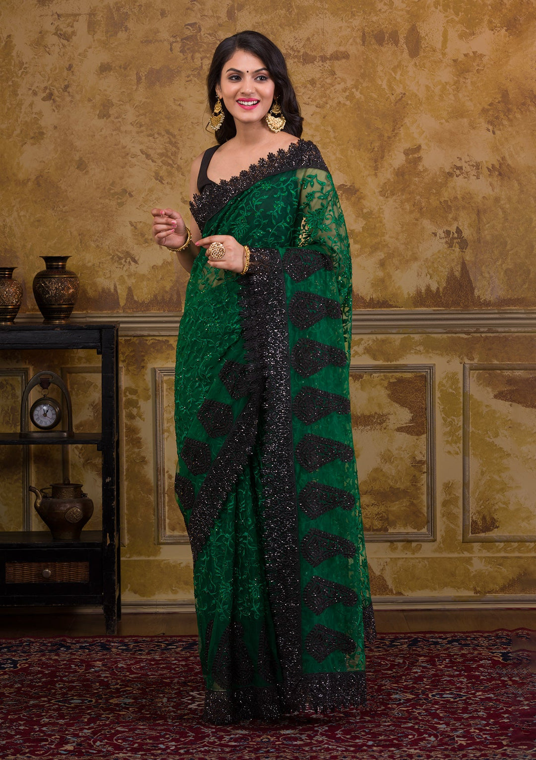 Bottle Green Threadwork Georgette Saree-Koskii