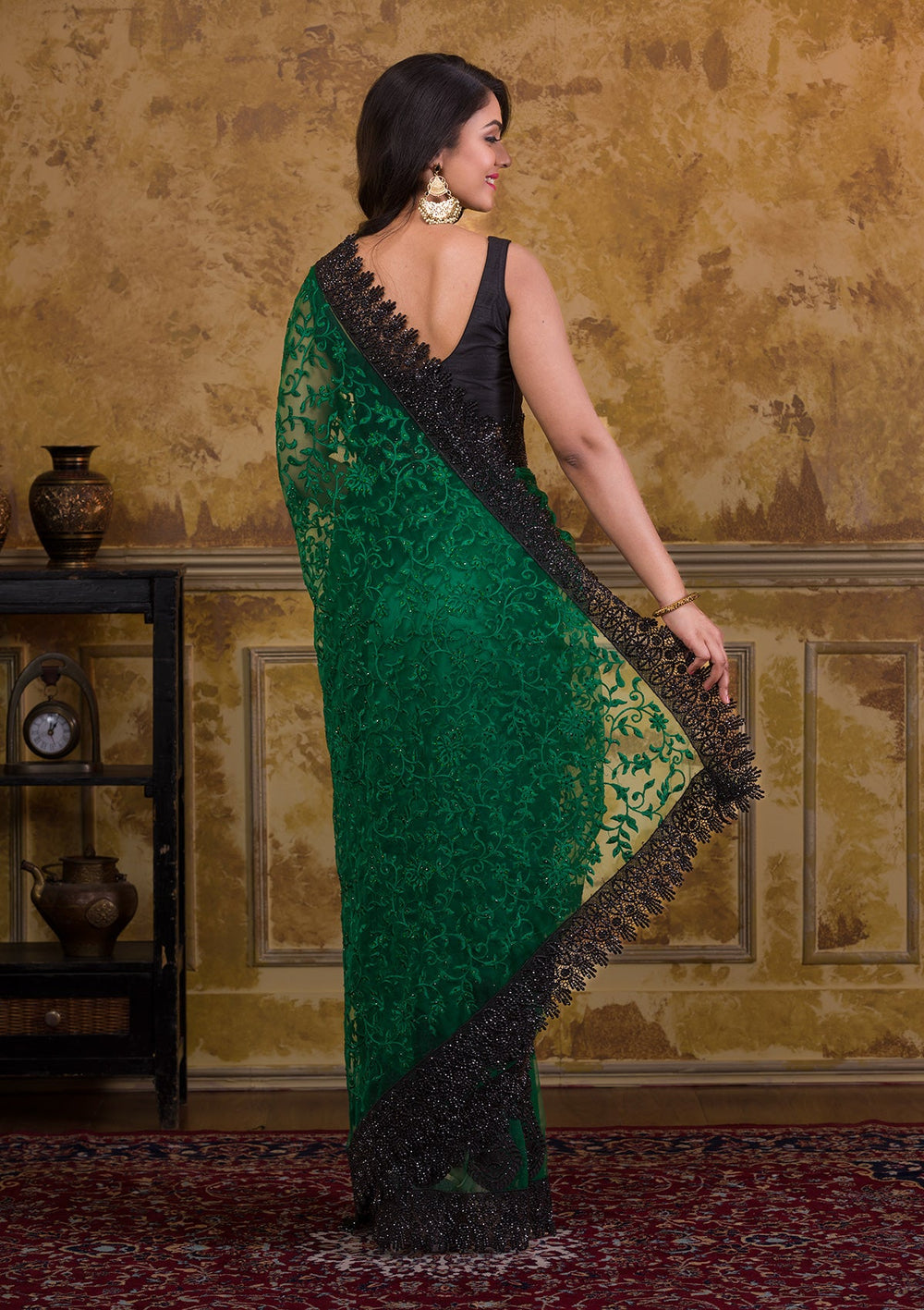 Bottle Green Threadwork Georgette Saree-Koskii