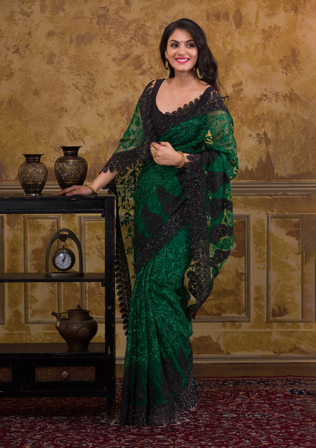 Bottle Green Threadwork Georgette Saree-Koskii