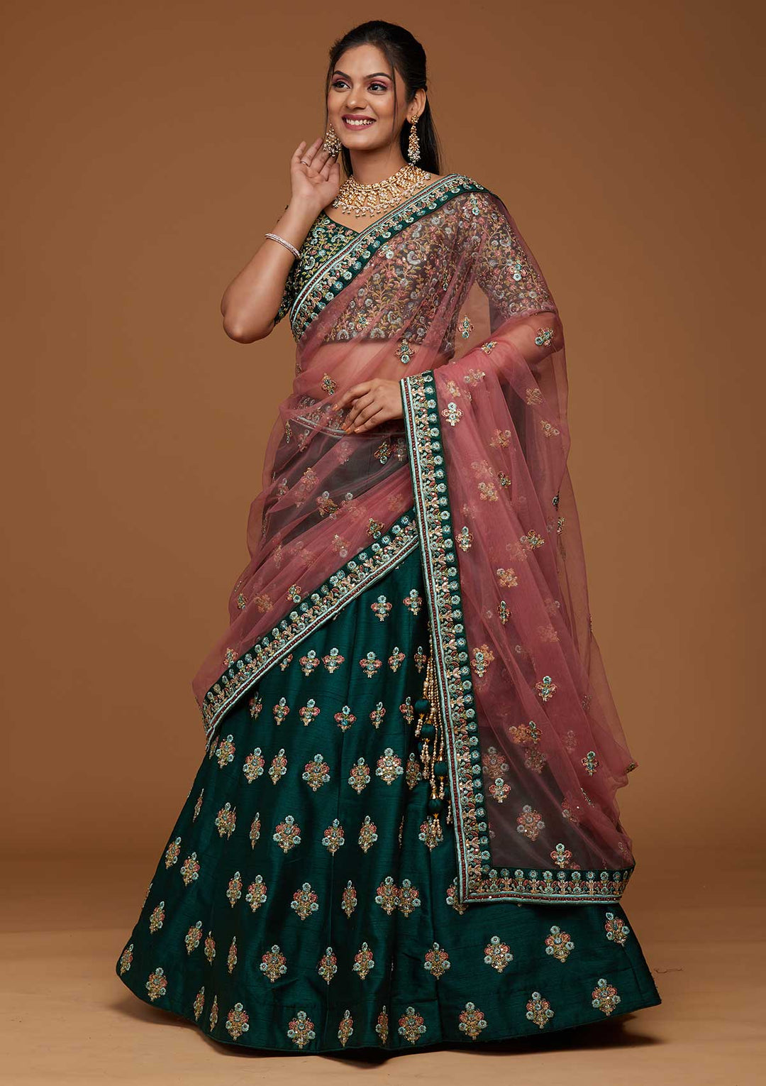 Bottle Green Threadwork Raw Silk Designer Lehenga-Koskii
