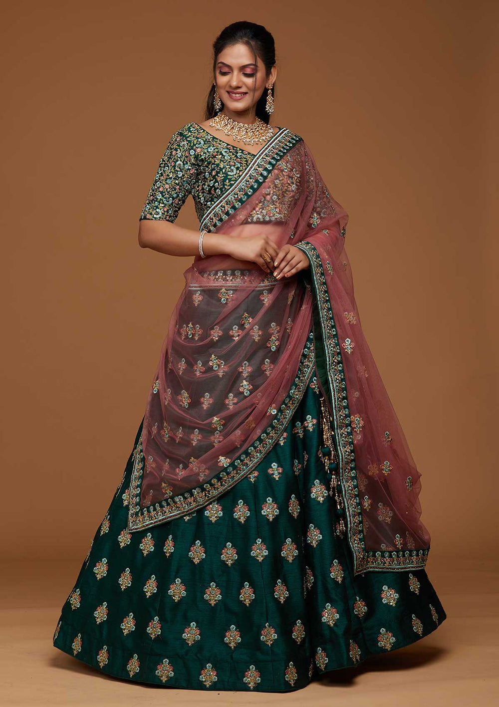 Bottle Green Threadwork Raw Silk Designer Lehenga-Koskii