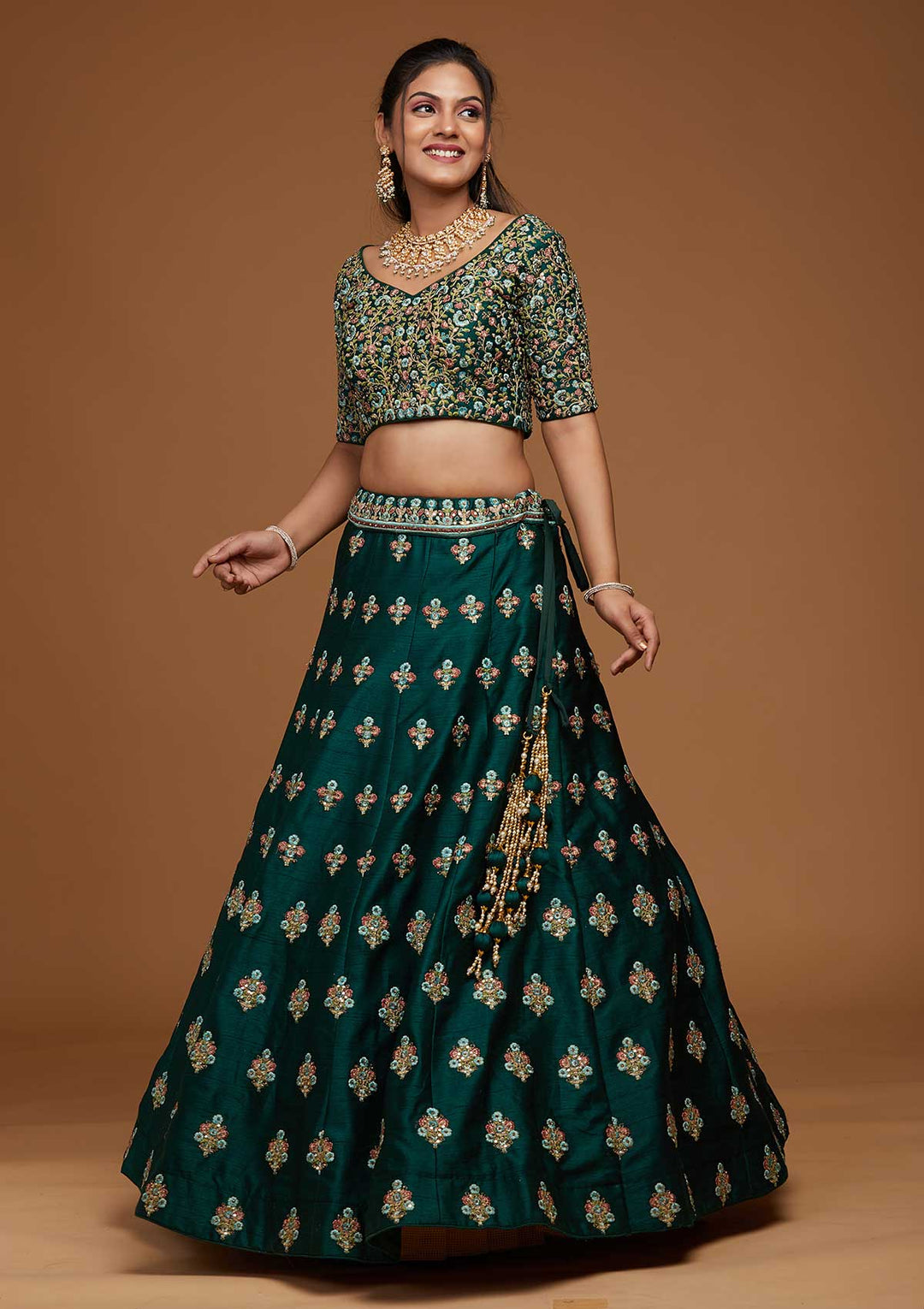 Bottle Green Threadwork Raw Silk Designer Lehenga-Koskii