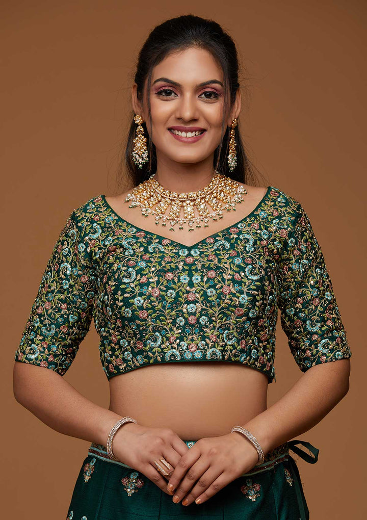 Bottle Green Threadwork Raw Silk Designer Lehenga-Koskii