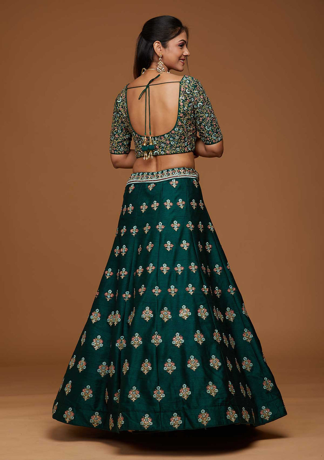 Bottle Green Threadwork Raw Silk Designer Lehenga-Koskii
