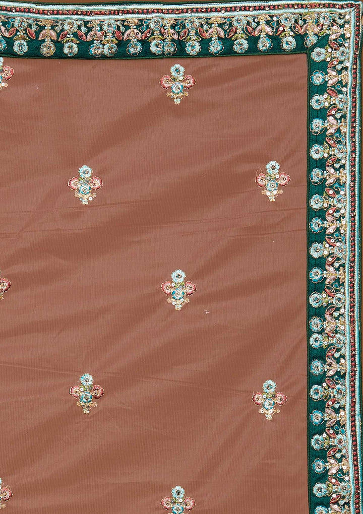 Bottle Green Threadwork Raw Silk Designer Lehenga-Koskii