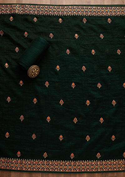 Bottle Green Threadwork Raw Silk Unstitched Salwar Suit-Koskii