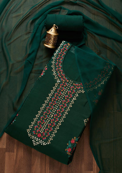 Bottle Green Threadwork Semi Crepe Designer Unstitched Salwar Suit - Koskii