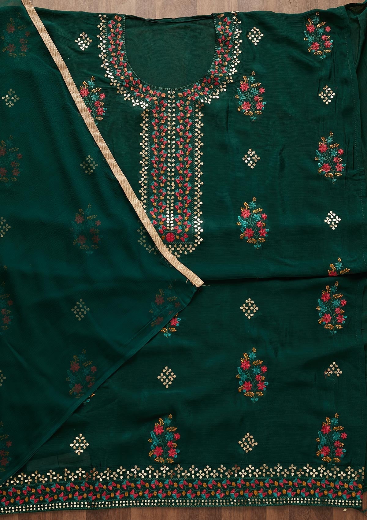Bottle Green Threadwork Semi Crepe Designer Unstitched Salwar Suit - Koskii