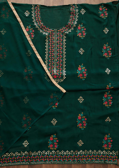 Bottle Green Threadwork Semi Crepe Designer Unstitched Salwar Suit - Koskii