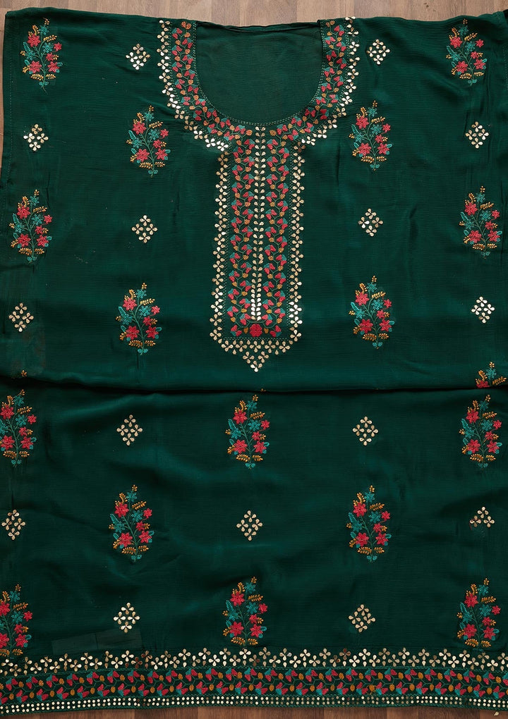 Bottle Green Threadwork Semi Crepe Designer Unstitched Salwar Suit - Koskii
