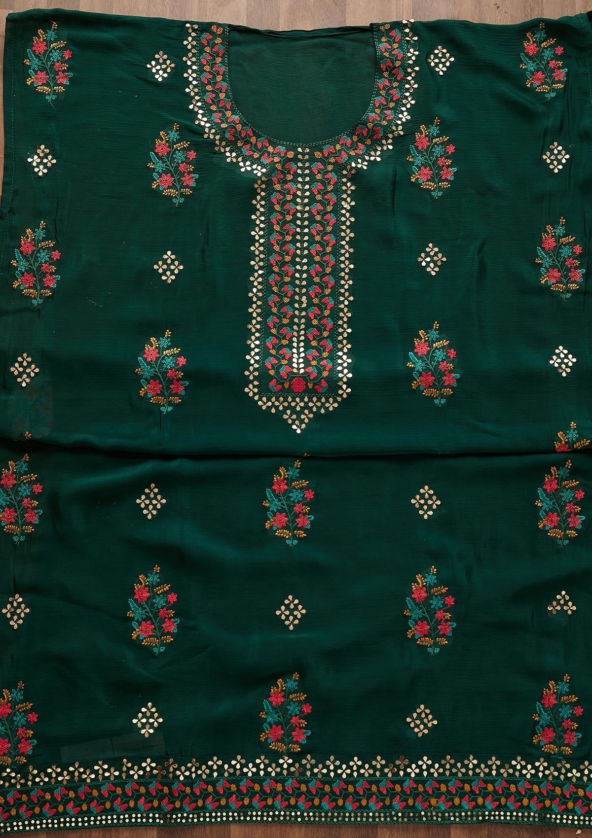 Bottle Green Threadwork Semi Crepe Designer Unstitched Salwar Suit - Koskii