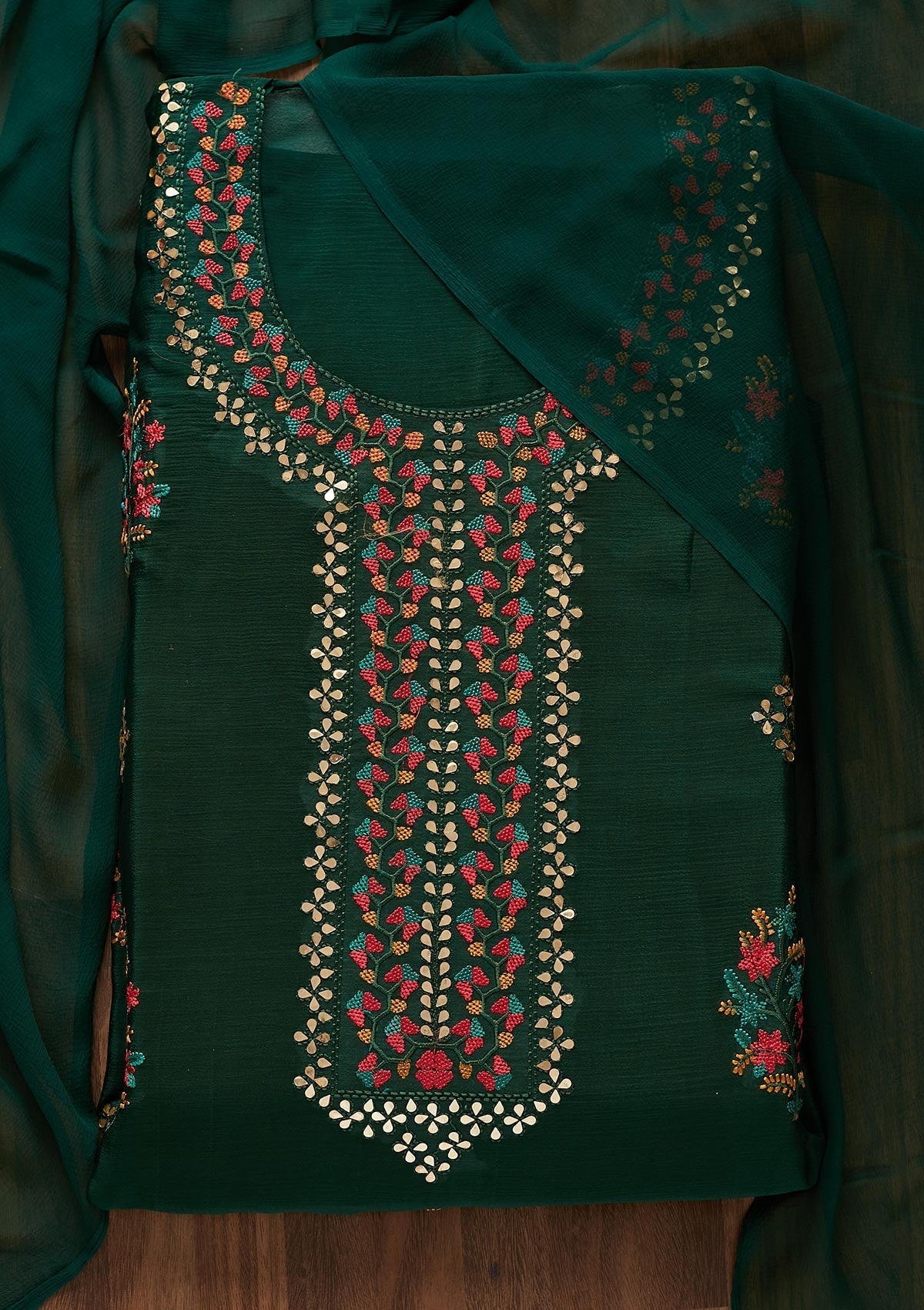 Bottle Green Threadwork Semi Crepe Designer Unstitched Salwar Suit - Koskii