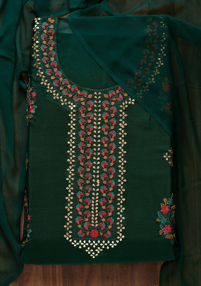 Bottle Green Threadwork Semi Crepe Designer Unstitched Salwar Suit - Koskii