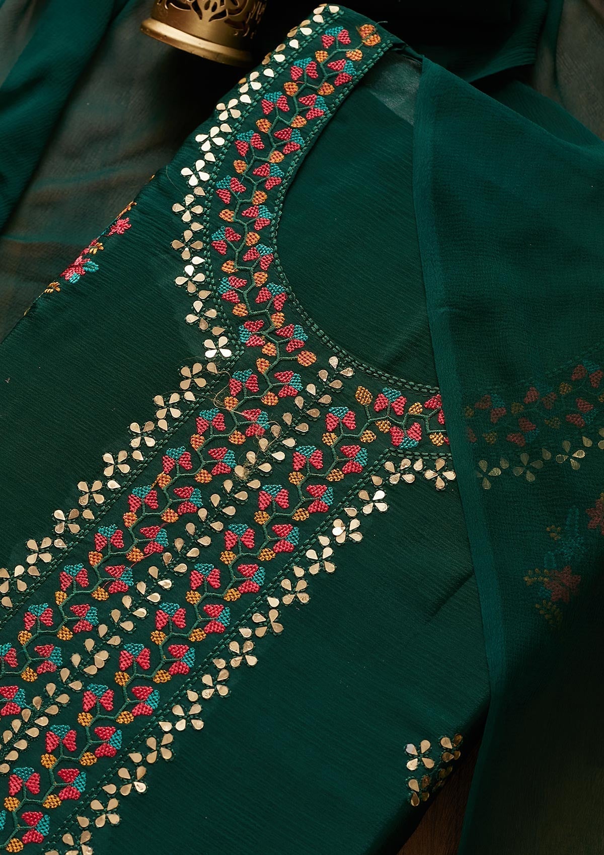 Bottle Green Threadwork Semi Crepe Designer Unstitched Salwar Suit - Koskii
