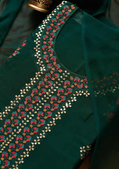 Bottle Green Threadwork Semi Crepe Designer Unstitched Salwar Suit - Koskii