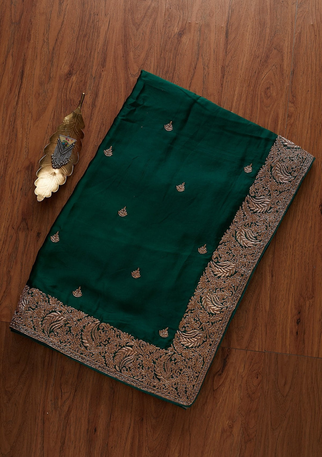 Bottle Green Zardosi Satin Designer Saree - koskii